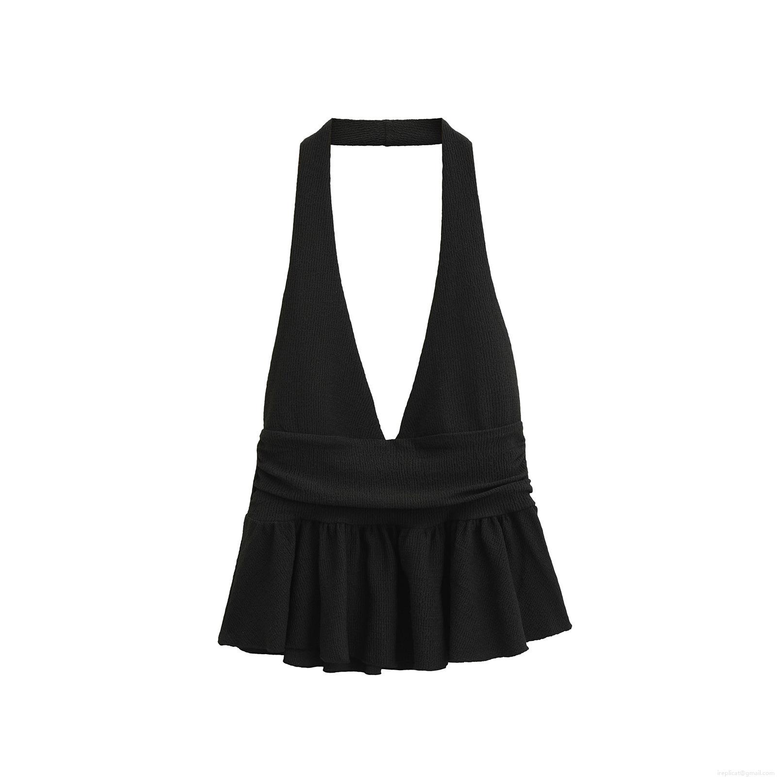 Sexy Backless Halter Neck Peplum Top Women Polyester Seersucker V Neck Ruffle Hem Tank Top For Summer Vacation Polka Dot Solid Cami