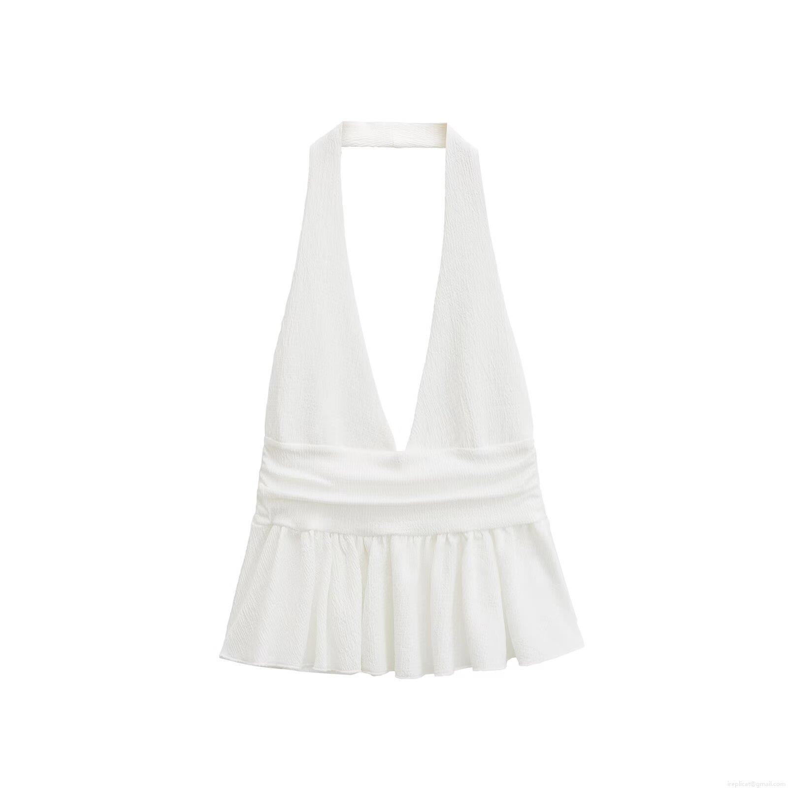 Sexy Backless Halter Neck Peplum Top Women Polyester Seersucker V Neck Ruffle Hem Tank Top For Summer Vacation Polka Dot Solid Cami