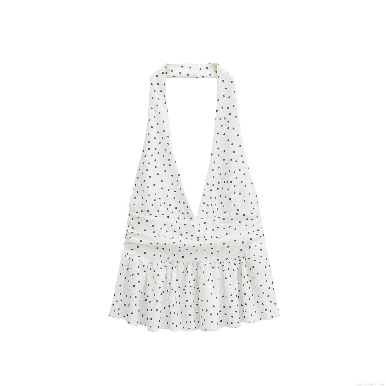 Sexy Backless Halter Neck Peplum Top Women Polyester Seersucker V Neck Ruffle Hem Tank Top For Summer Vacation Polka Dot Solid Cami