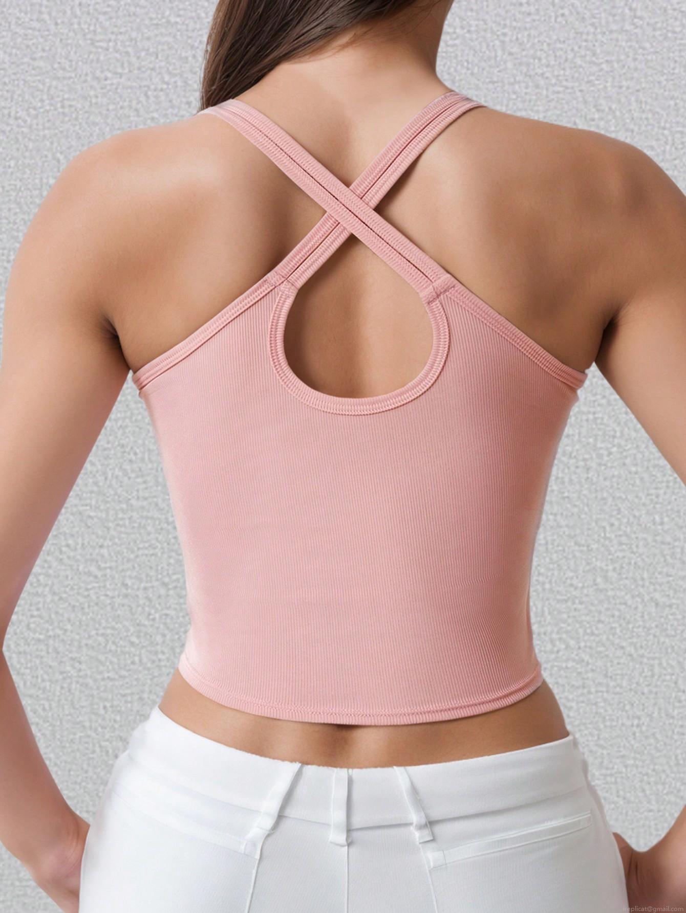 Women's Sexy Ribbed Knit Tank Top Backless Cross Straps Yoga Camisole Solid Color Slim Fit Sleeveless Vest Crop Top for Sports Casual Autumn Winter