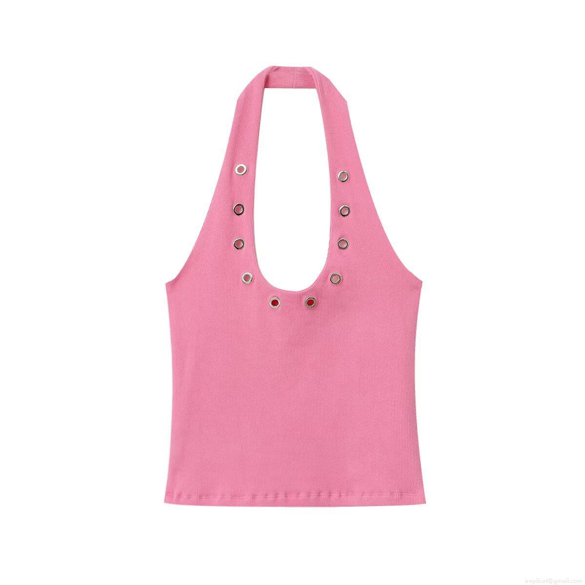 Women Sexy Halterneck Tank Top Ribbed Polyester Hollow Out Metal Eyelets Deep U Neck Summer Casual Streetwear Slim Fit Sleeveless Tops