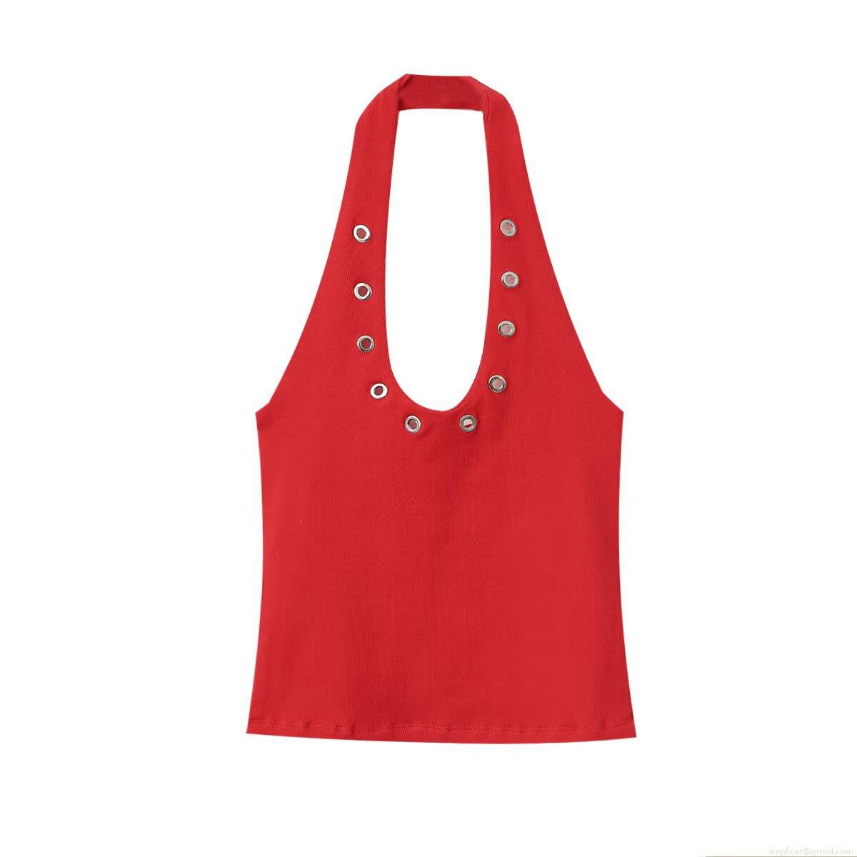 Women Sexy Halterneck Tank Top Ribbed Polyester Hollow Out Metal Eyelets Deep U Neck Summer Casual Streetwear Slim Fit Sleeveless Tops