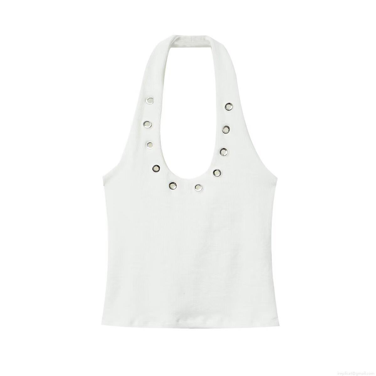 Women Sexy Halterneck Tank Top Ribbed Polyester Hollow Out Metal Eyelets Deep U Neck Summer Casual Streetwear Slim Fit Sleeveless Tops