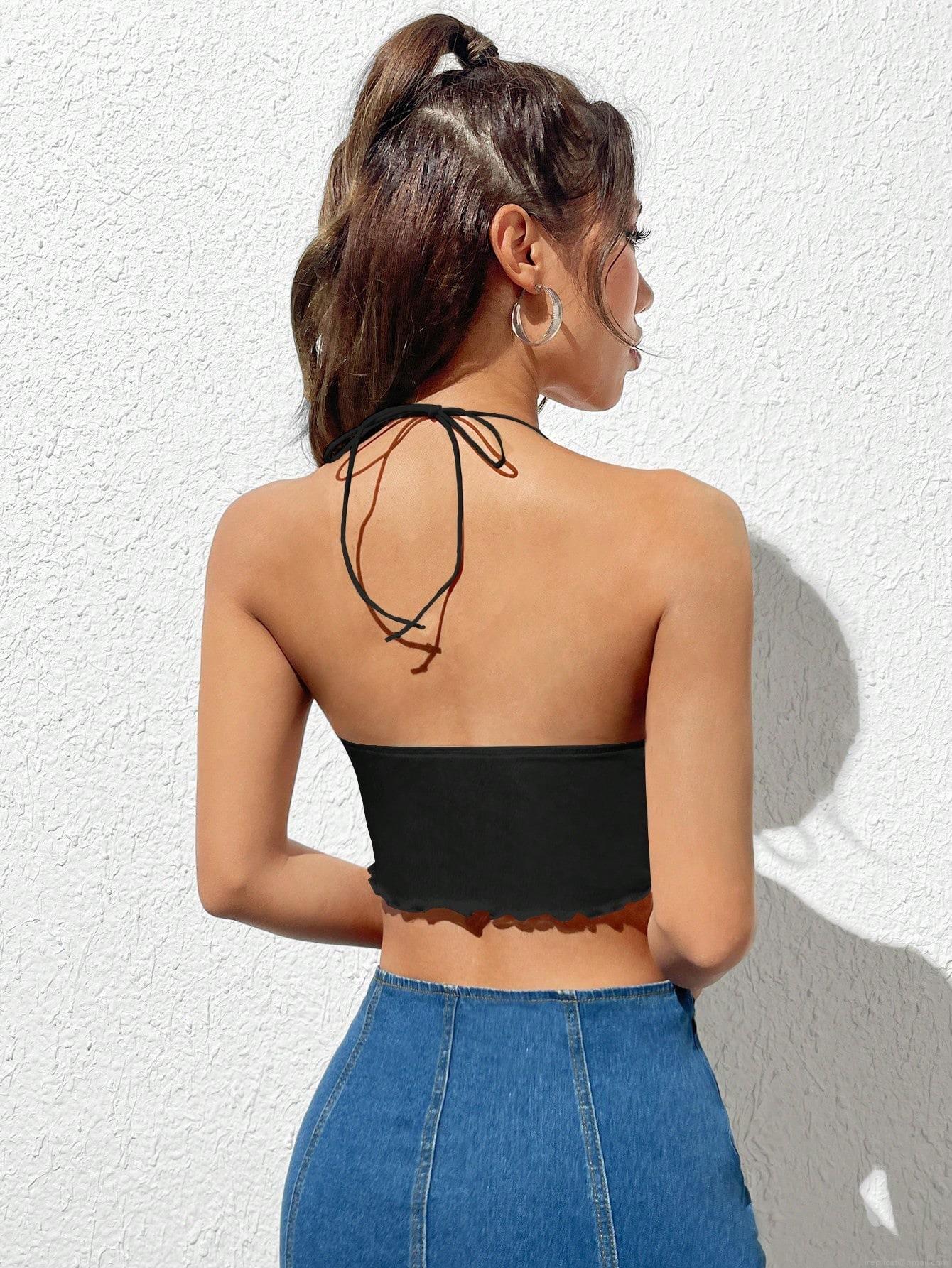 Women's Sexy Halter Top Ruched Pleated Front Backless Cropped Camisole Handkerchief Hem Slim Fit Polyester Spandex Summer Top for Women Hot Girl Style