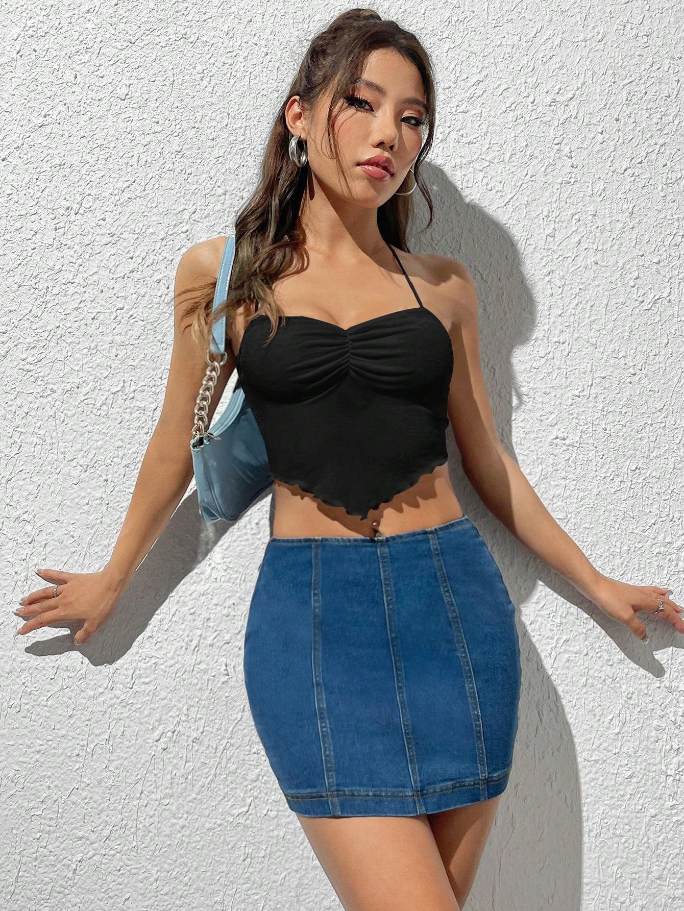 Women's Sexy Halter Top Ruched Pleated Front Backless Cropped Camisole Handkerchief Hem Slim Fit Polyester Spandex Summer Top for Women Hot Girl Style