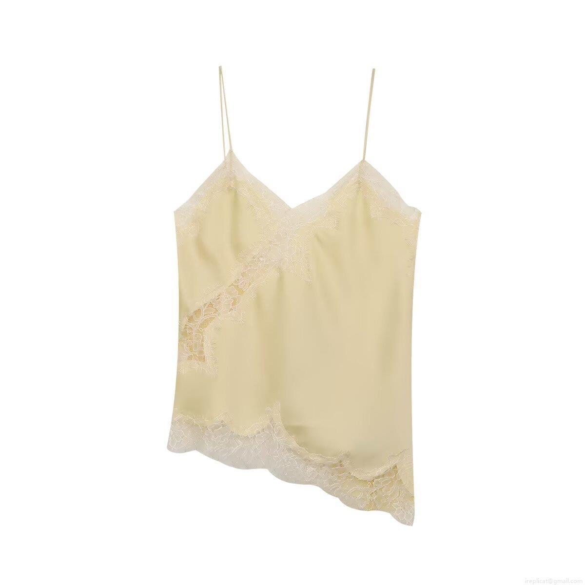 Women's Sexy Lace Trim Cami Top Satin Silk Texture V Neck Irregular Hem Spaghetti Strap Tank Top Solid Color Streetwear Casual Vest