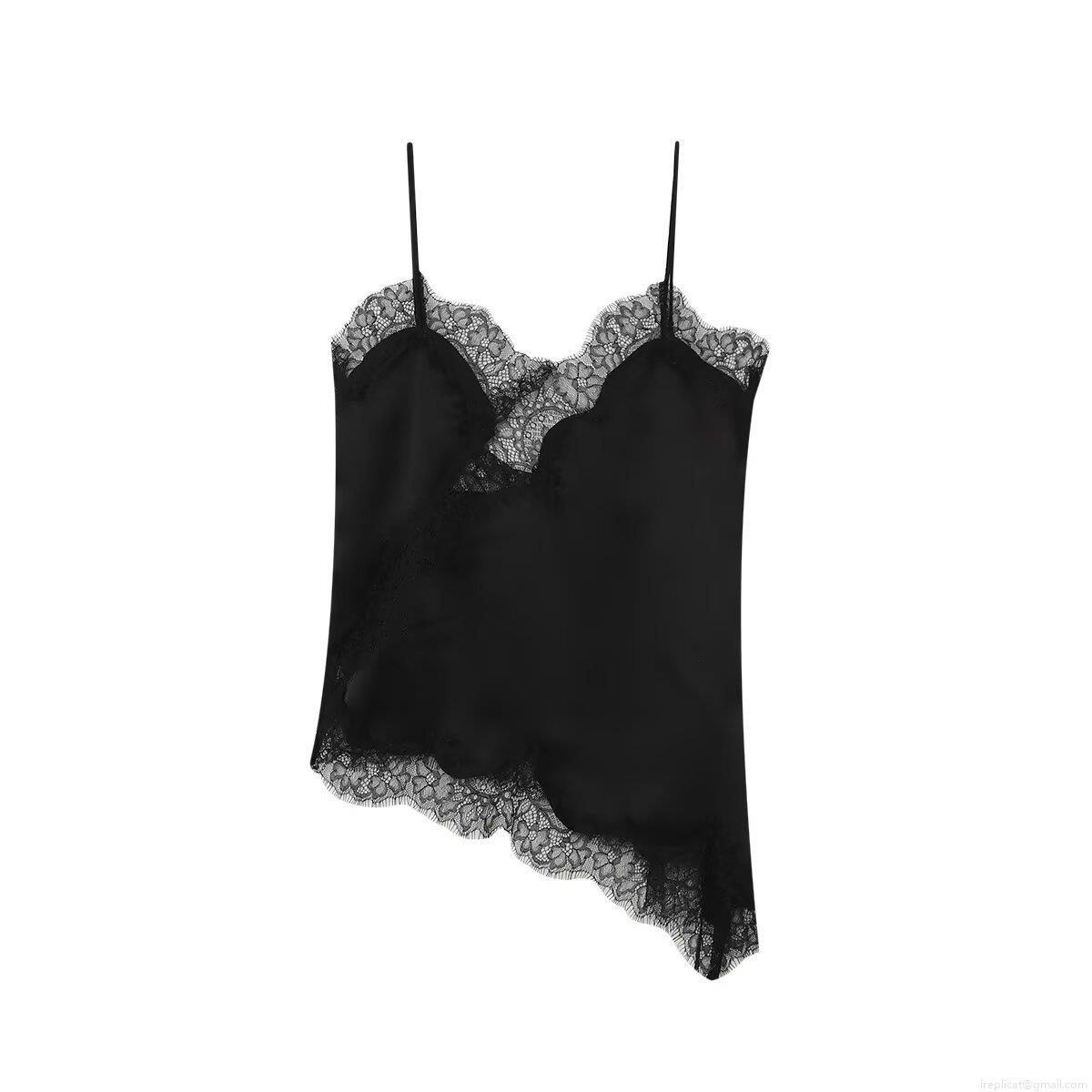 Women's Sexy Lace Trim Cami Top Satin Silk Texture V Neck Irregular Hem Spaghetti Strap Tank Top Solid Color Streetwear Casual Vest
