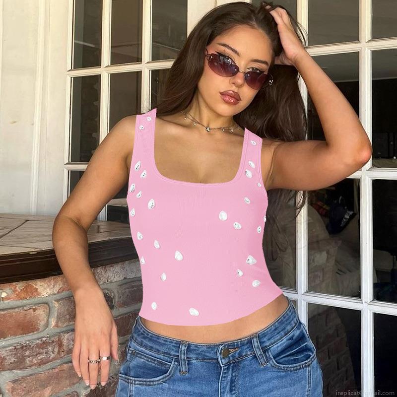 Women's Sexy Slim Fit Ribbed Knit Tank Top with Rhinestone Beads Decoration Cropped U-Neck Sleeveless Summer Polyester Spandex Vest Streetwear Top
