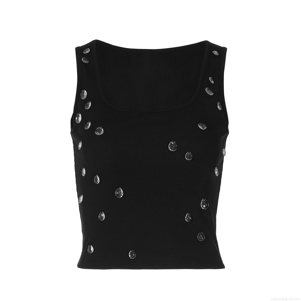 Women's Sexy Slim Fit Ribbed Knit Tank Top with Rhinestone Beads Decoration Cropped U-Neck Sleeveless Summer Polyester Spandex Vest Streetwear Top