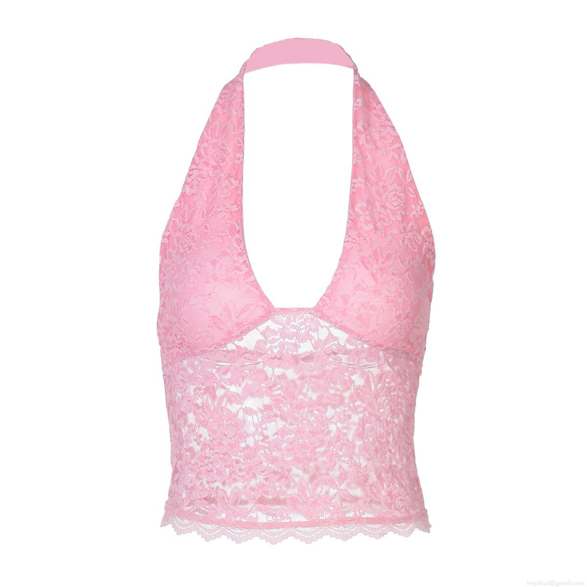Women Sexy Floral Lace Halter Top Deep V Neck Sleeveless Cropped Camisole Slim Fit Hollow Out Backless Clubwear Vest Nylon Spandex
