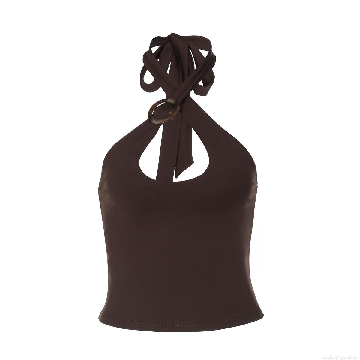 Women Sexy Halter Neck Crop Top With Metal Ring Cutout Backless Solid Color Polyester Spandex Summer Fashion Slim Fit Tank Top For Beach Party Vacation Streetwear