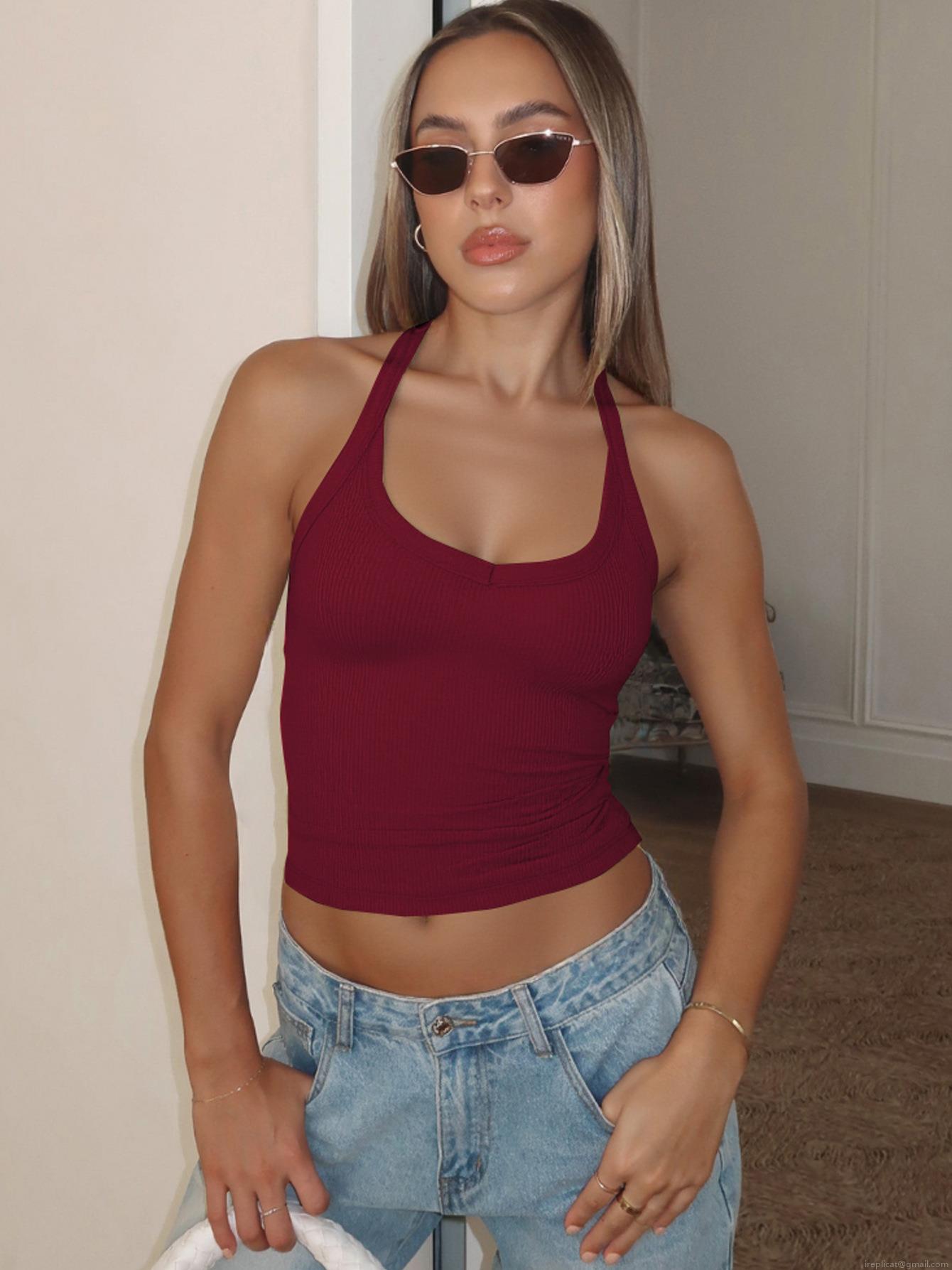 Women's Sexy Halter Tank Top Ribbed Knit Slim Fit Sleeveless Backless Crop Top Summer Solid Color Ribbed Vest for Beach Party Clubwear