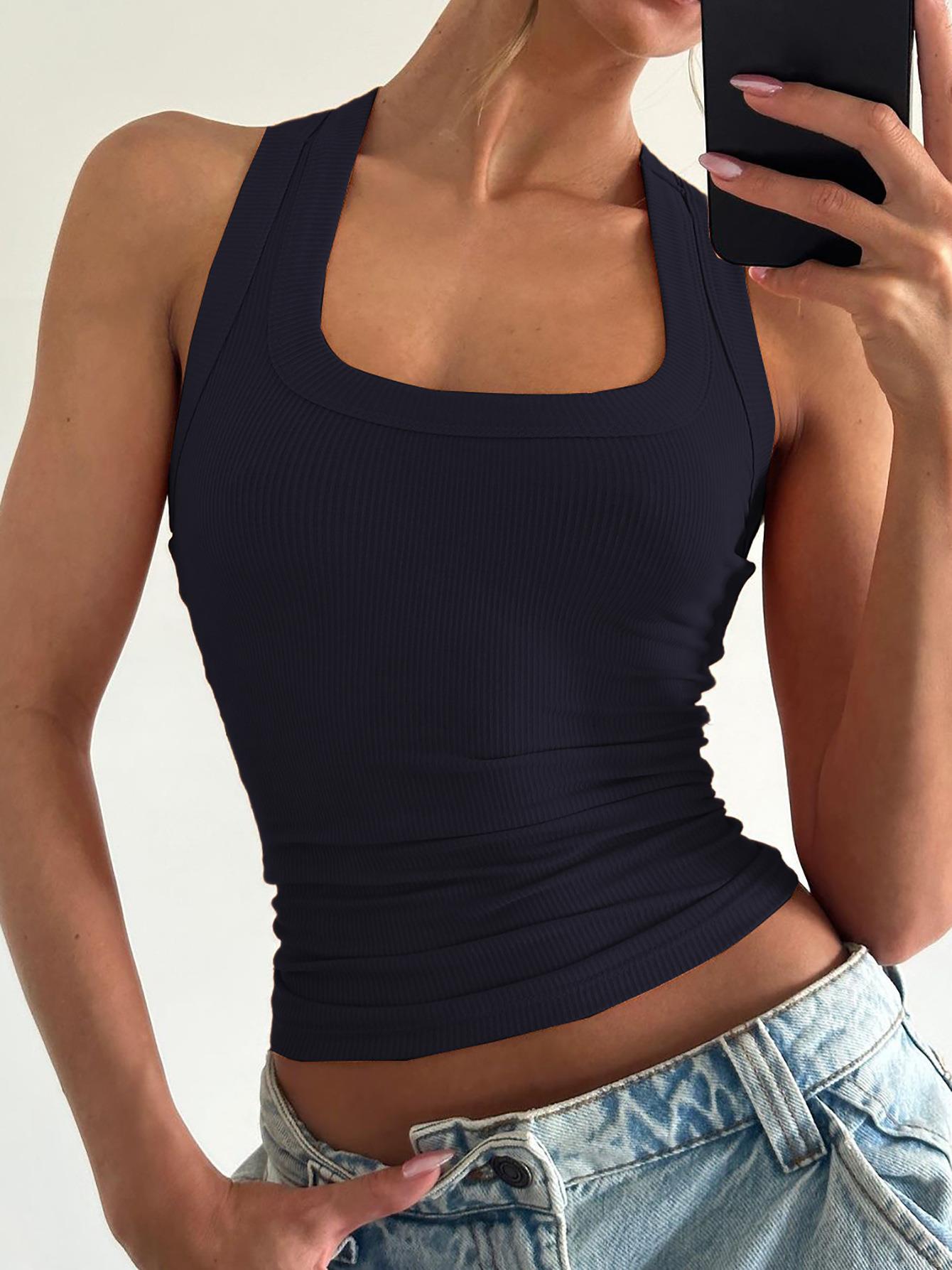 Women's Ribbed Knit Tank Top Sexy U-Neck Slim Fit Racerback Cropped Vest 94% Polyester 6% Spandex Sleeveless Summer Streetwear Top Daily Casual Casual Ribbed Vest