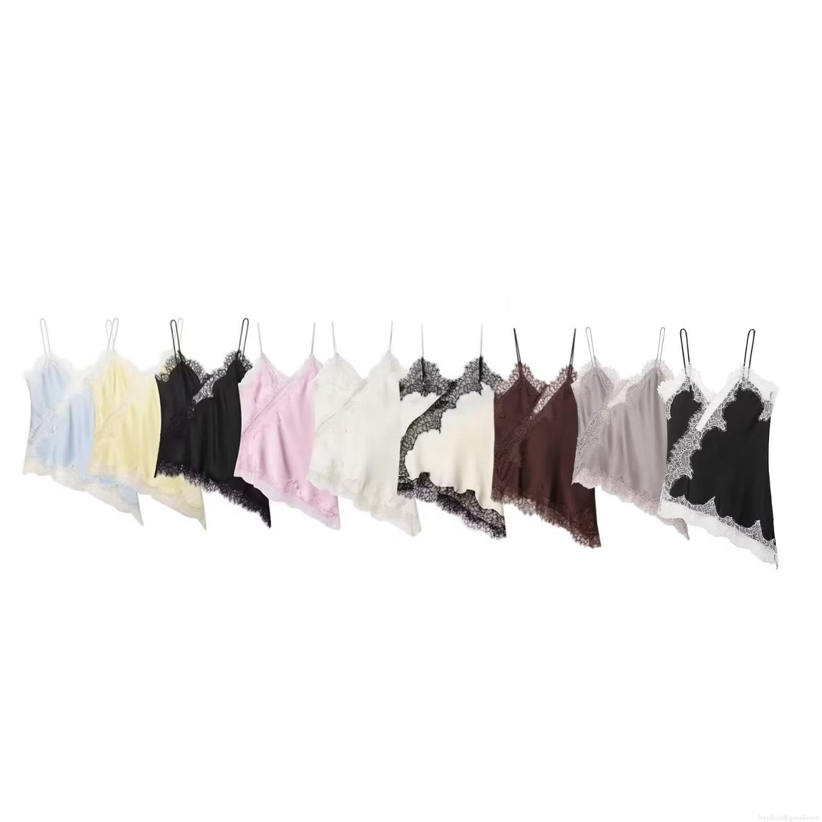 Women's Spliced Lace Irregular Hem Camisole Satin Silk V Neck Thin Strap Streetwear Summer Tank Top