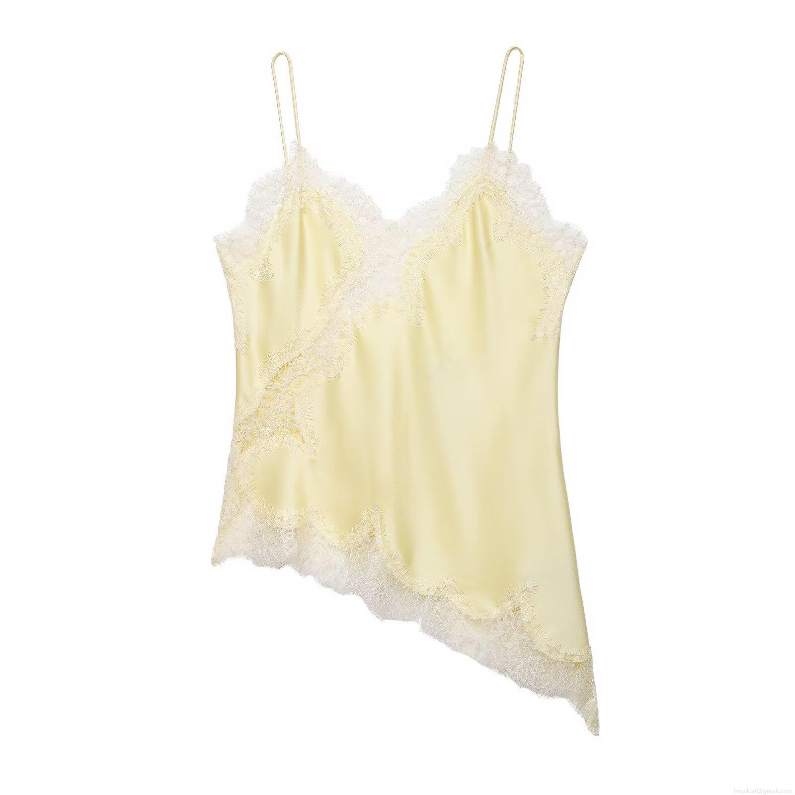 Women's Spliced Lace Irregular Hem Camisole Satin Silk V Neck Thin Strap Streetwear Summer Tank Top