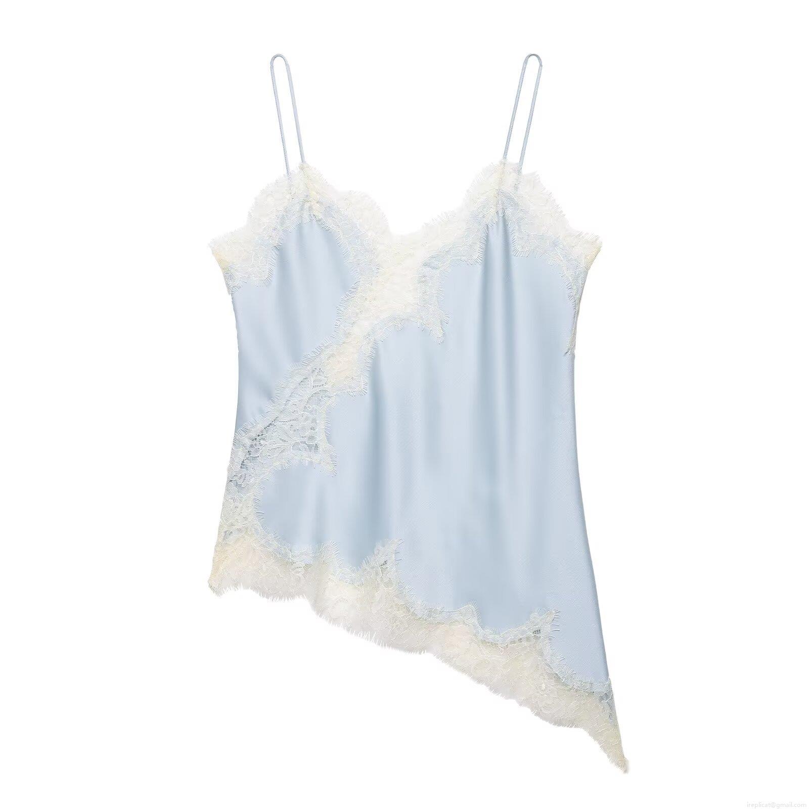 Women's Spliced Lace Irregular Hem Camisole Satin Silk V Neck Thin Strap Streetwear Summer Tank Top