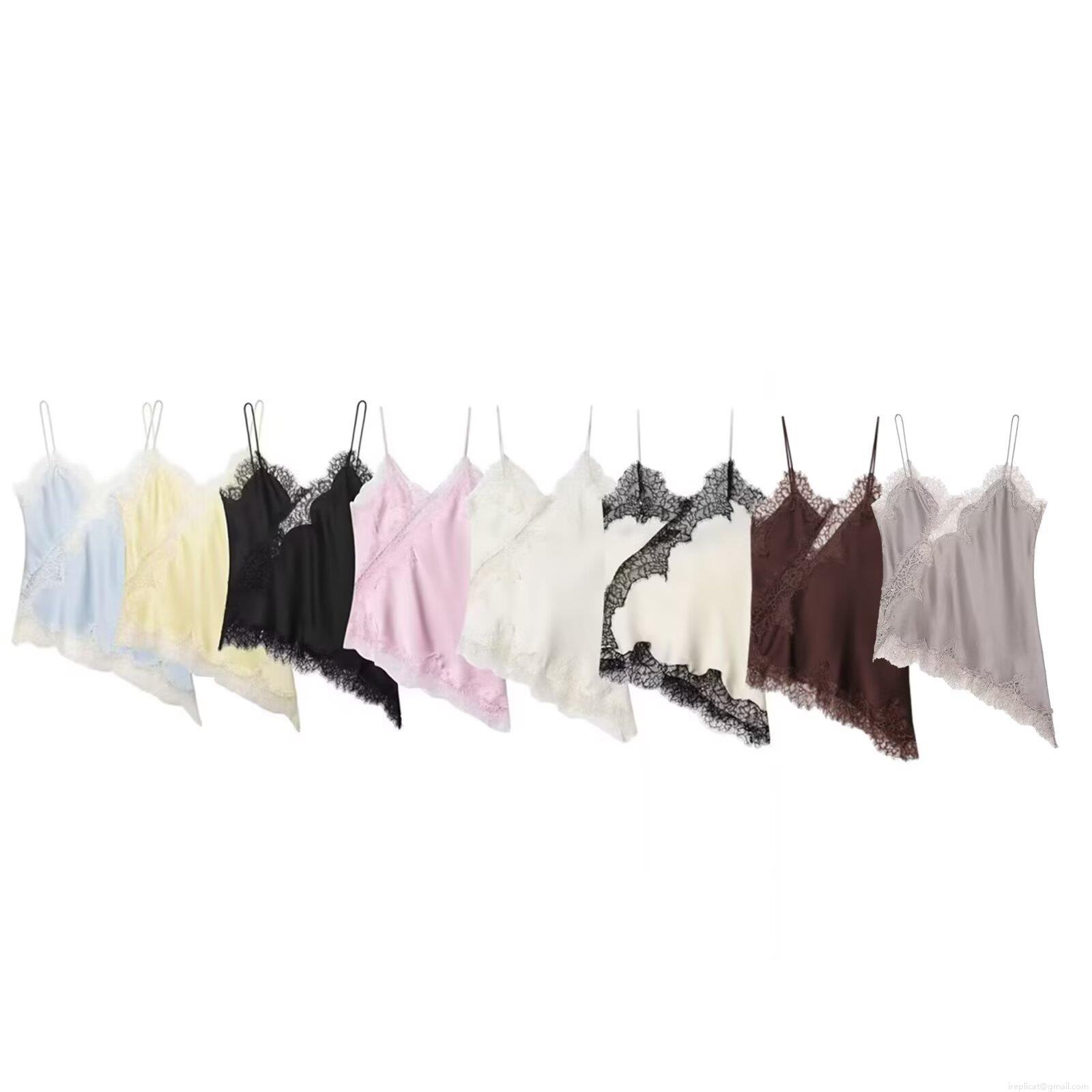 Women's Spliced Lace Irregular Hem Camisole Satin Silk V Neck Thin Strap Streetwear Summer Tank Top