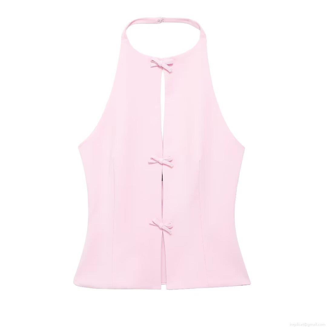 Women Halter Neck Backless Bow Tie Top Sexy Hollow Out Sleeveless Camisole Polyester Solid Color Tank Top For Summer Party Streetwear Casual Women Tops