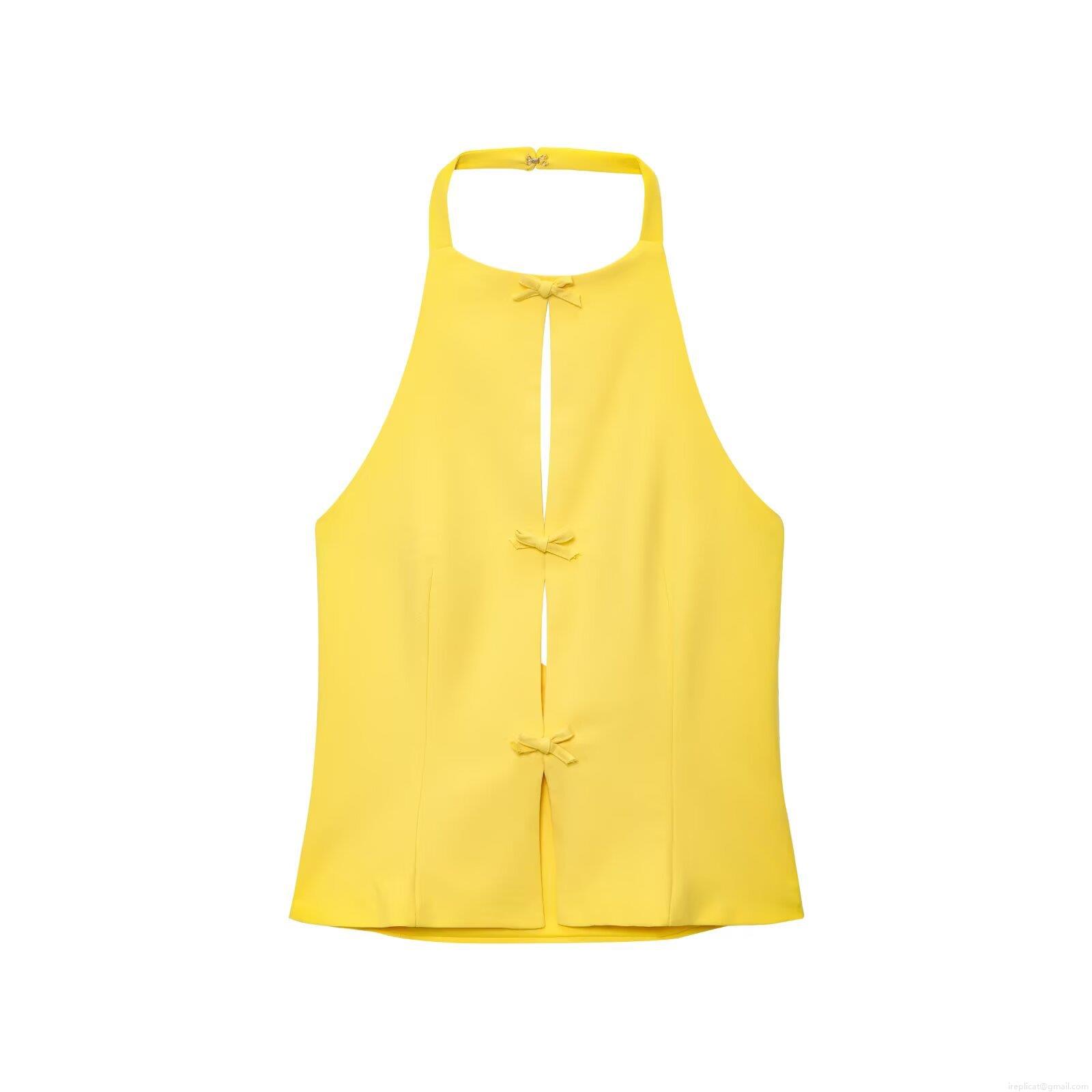 Women Halter Neck Backless Bow Tie Top Sexy Hollow Out Sleeveless Camisole Polyester Solid Color Tank Top For Summer Party Streetwear Casual Women Tops