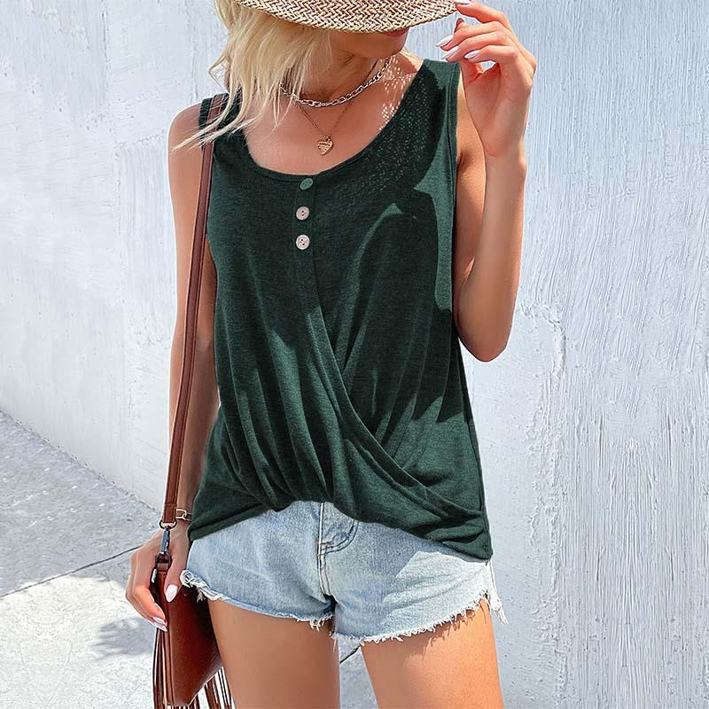 Women's Casual Sleeveless Tank Top Cotton Polyester Blend Knit Button Round Neck Twist Knot Hem Summer Solid Color Streetwear Vest Tops