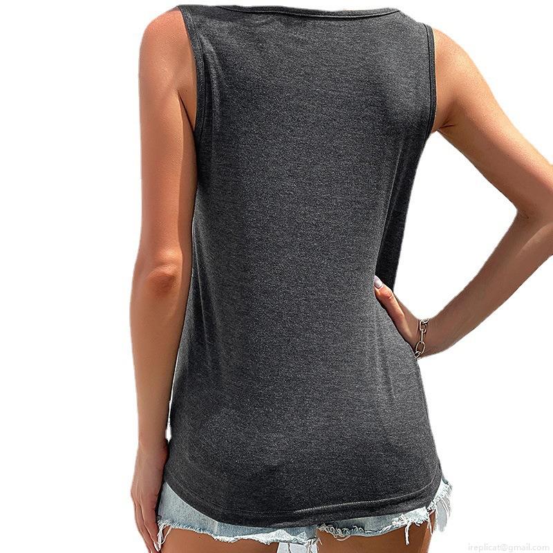 Women's Casual Sleeveless Tank Top Cotton Polyester Blend Knit Button Round Neck Twist Knot Hem Summer Solid Color Streetwear Vest Tops