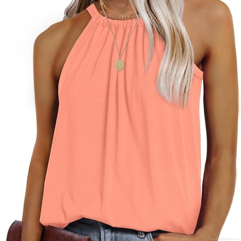 Women Summer Halter Neck Tank Top Cotton Blend Sleeveless Pleated Drawstring Vest Casual Loose Solid Color Sleeveless Top For Women