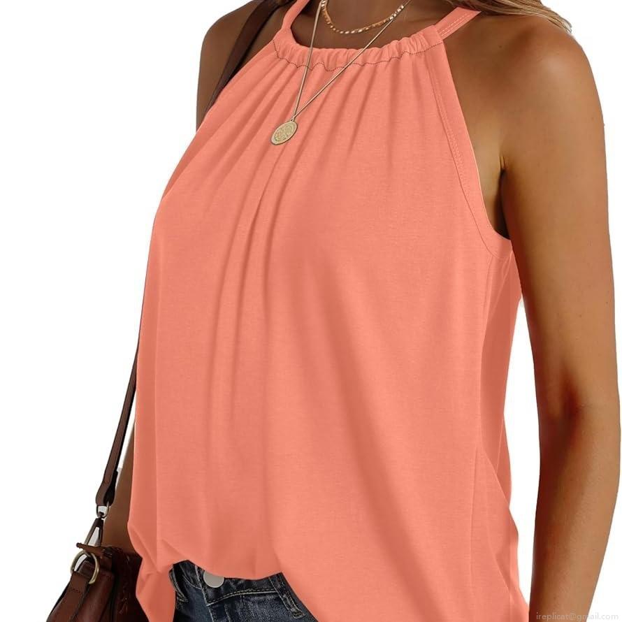 Women Summer Halter Neck Tank Top Cotton Blend Sleeveless Pleated Drawstring Vest Casual Loose Solid Color Sleeveless Top For Women