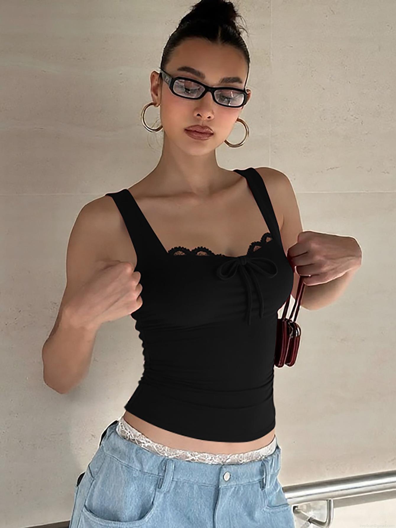 Women Sexy Lace Trim Bowknot Cami Top Slim Fit Sleeveless Tank Top Ribbed Knit Streetwear Casual Vest For Summer Party Clubwear Solid Color Polyester Spandex Top