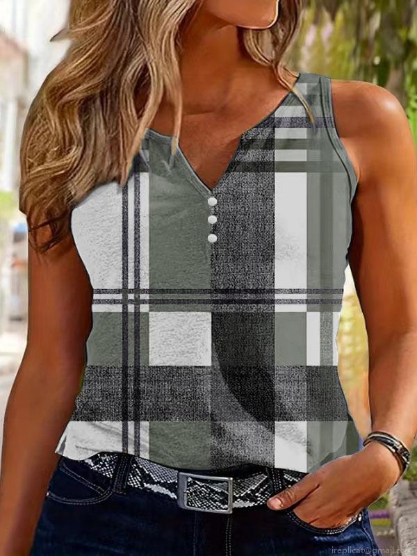 Women's Casual Plaid V-Neck Tank Top Sleeveless Polyester Spandex Checked Blouse With Decorative Buttons Summer Fashion Sleeveless Shirt For Daily Vacation Women