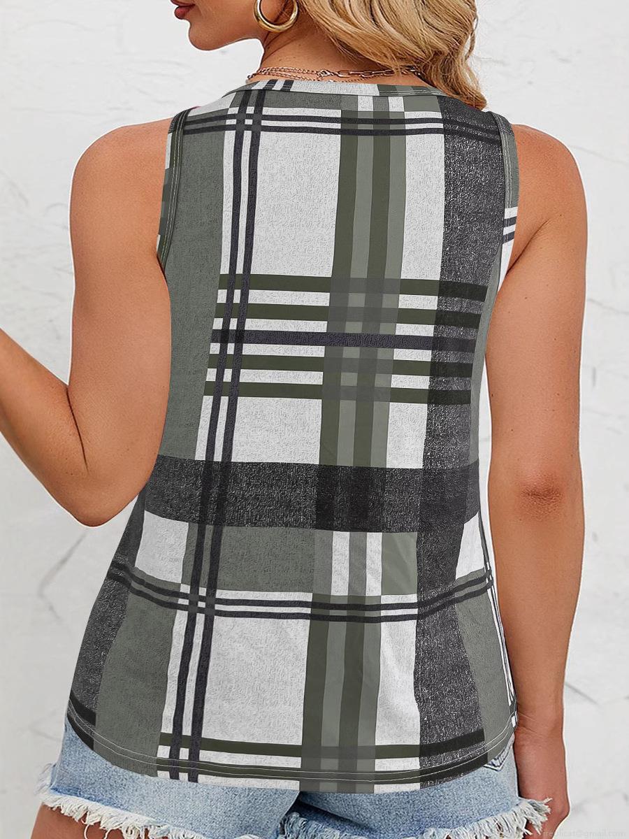 Women's Casual Plaid V-Neck Tank Top Sleeveless Polyester Spandex Checked Blouse With Decorative Buttons Summer Fashion Sleeveless Shirt For Daily Vacation Women