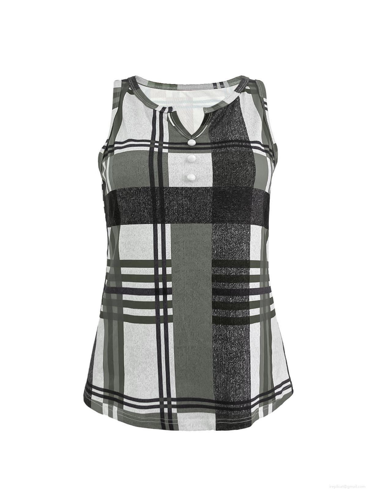 Women's Casual Plaid V-Neck Tank Top Sleeveless Polyester Spandex Checked Blouse With Decorative Buttons Summer Fashion Sleeveless Shirt For Daily Vacation Women