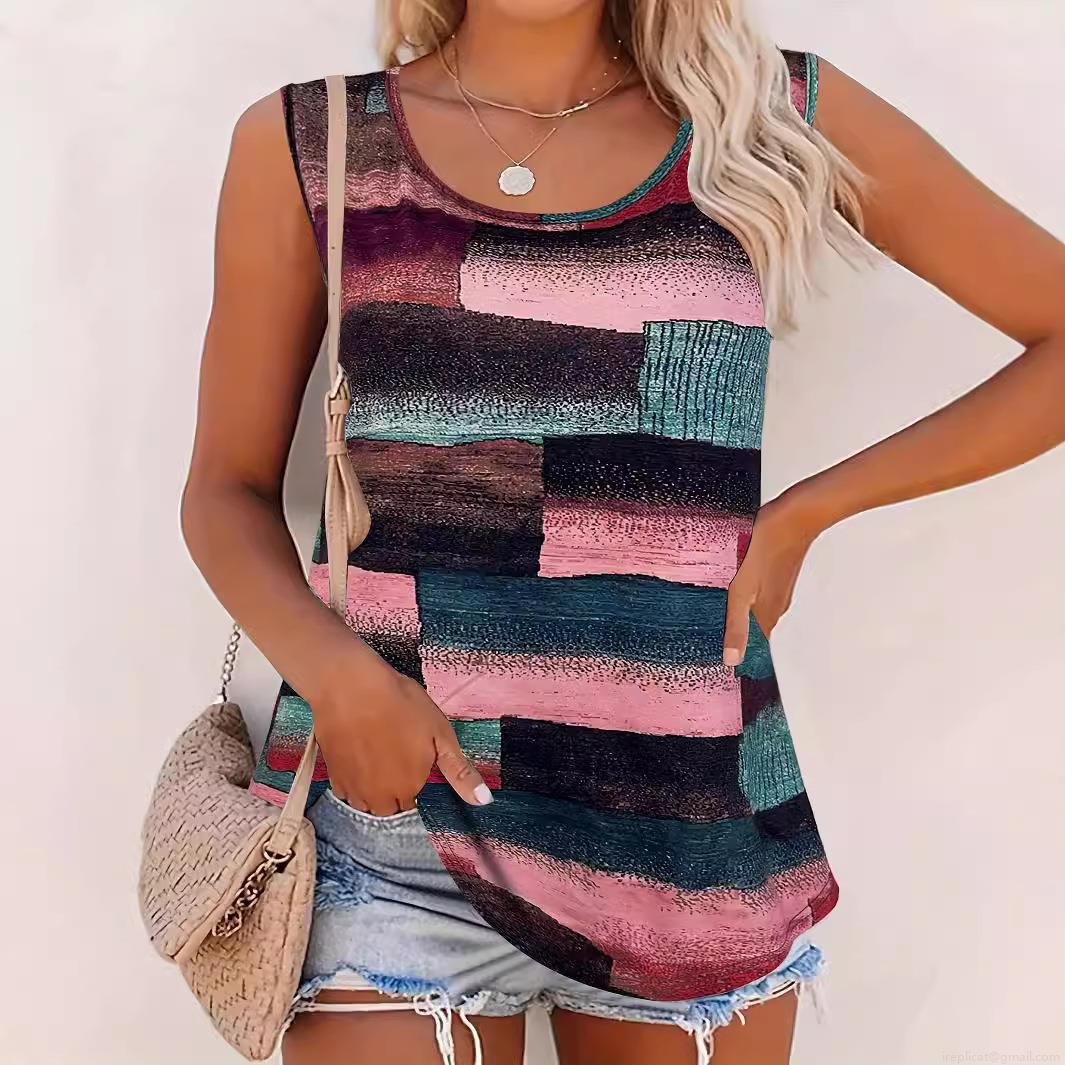 Women's Casual Tank Top Milk Silk Breathable Sleeveless Vest Summer Vacation Abstract Geometric Print Round Neck Loose Top For Women