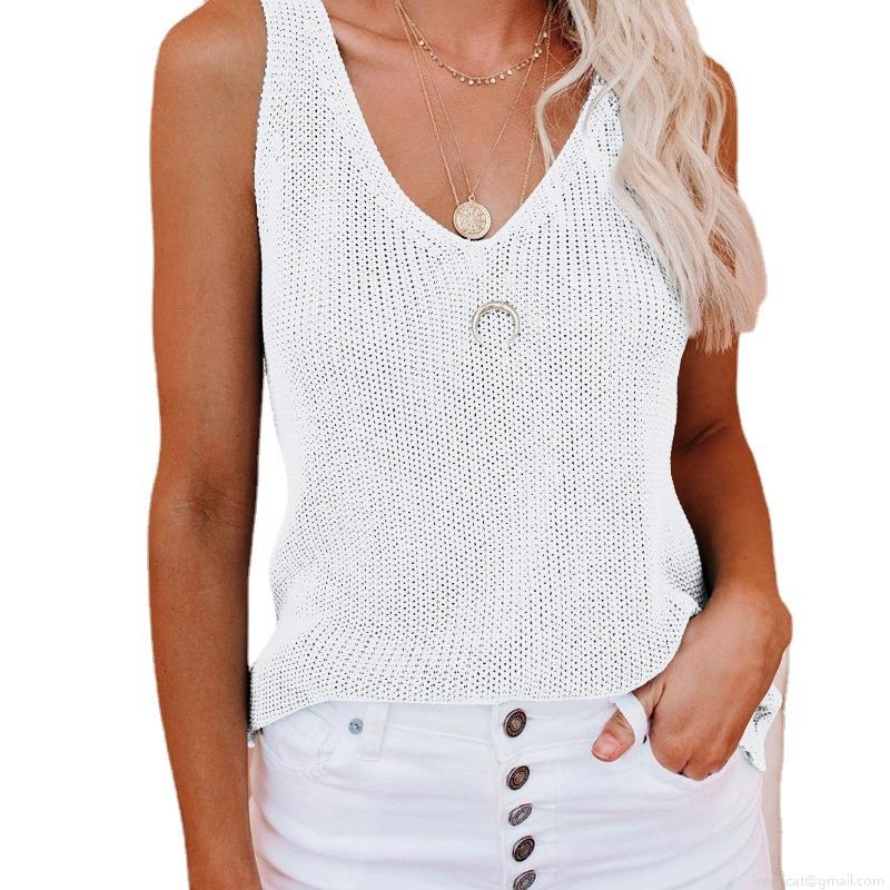 Women's Summer Knitted V-Neck Tank Top Ice Silk Sleeveless Crochet Slim Fit Vest For Daily Beach Casual Soft Breathable Cami