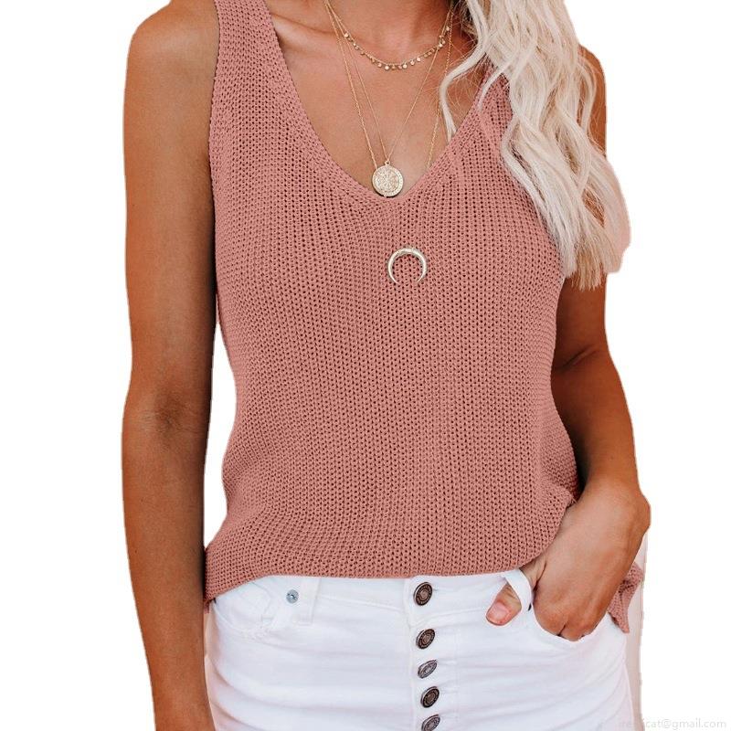Women's Summer Knitted V-Neck Tank Top Ice Silk Sleeveless Crochet Slim Fit Vest For Daily Beach Casual Soft Breathable Cami