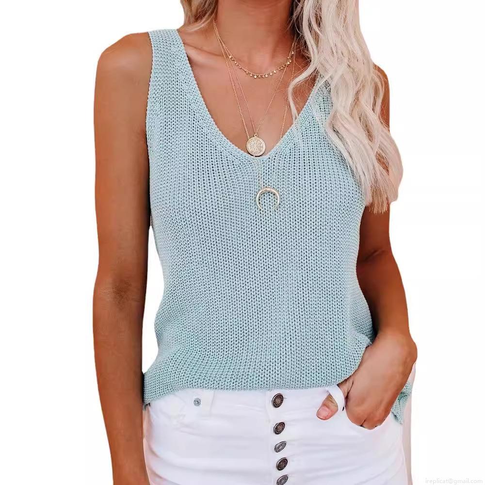 Women's Summer Knitted V-Neck Tank Top Ice Silk Sleeveless Crochet Slim Fit Vest For Daily Beach Casual Soft Breathable Cami