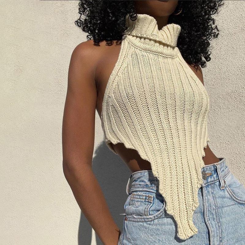 Sexy Backless Halter Knitted Tank Top Women Mock Neck Irregular Hem Ribbed Knit Cami Top Summer Streetwear Sleeveless Crop Top