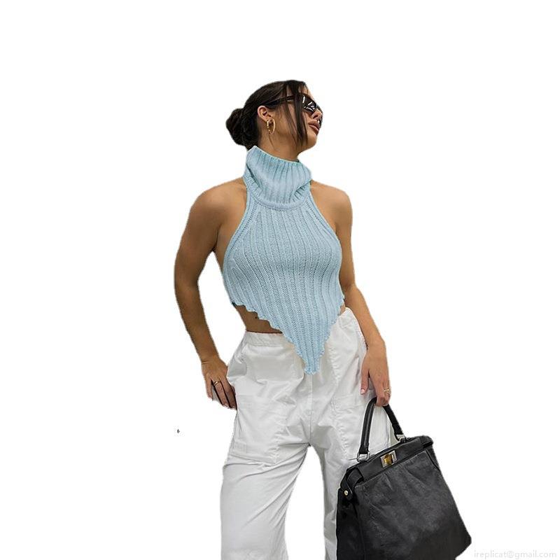 Sexy Backless Halter Knitted Tank Top Women Mock Neck Irregular Hem Ribbed Knit Cami Top Summer Streetwear Sleeveless Crop Top