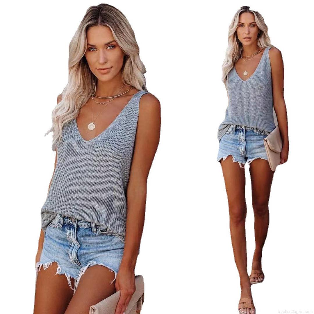 Women's V Neck Knit Tank Top Sleeveless Loose Polyester Hollow Out Camisole For Summer Casual Daily Beach Vacation Solid Color Vest