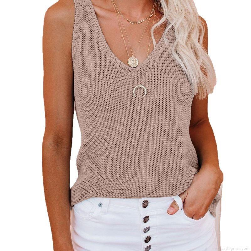 Women's V Neck Knit Tank Top Sleeveless Loose Polyester Hollow Out Camisole For Summer Casual Daily Beach Vacation Solid Color Vest