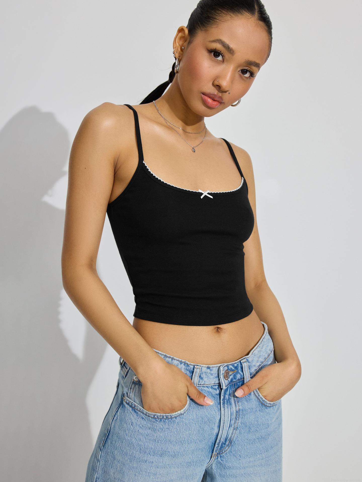 Women's Sexy Ribbed Viscose Spandex Camisole With Bow Decor Lace Trim Slim Fit Cropped Tank Top For Summer Streetwear Clubwear Lady