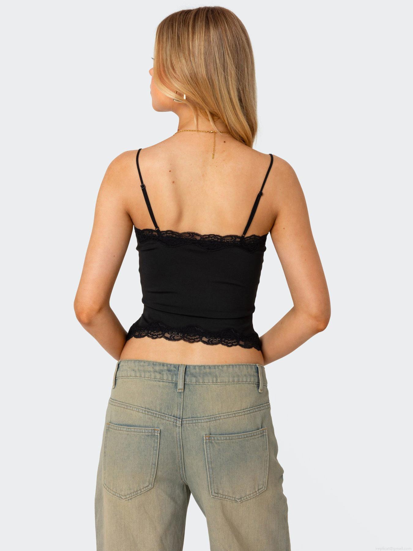 Women's Sexy Y2K Lace Trim Camisole Top Ribbed Knit Spaghetti Strap Slim Fit Cropped Tank Top Summer Sleeveless Streetwear Shirt