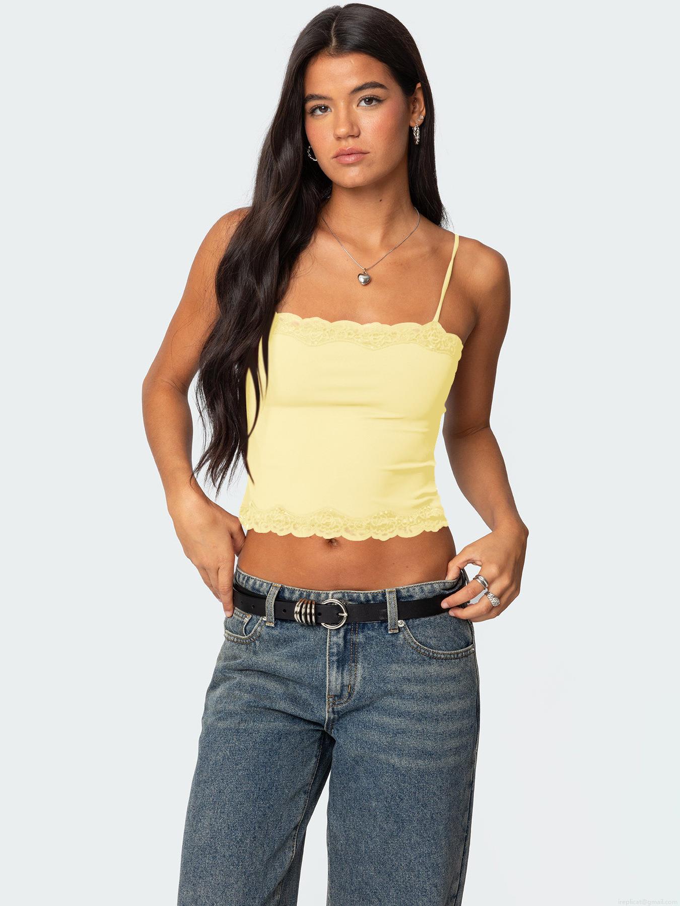 Women's Sexy Y2K Lace Trim Camisole Top Ribbed Knit Spaghetti Strap Slim Fit Cropped Tank Top Summer Sleeveless Streetwear Shirt