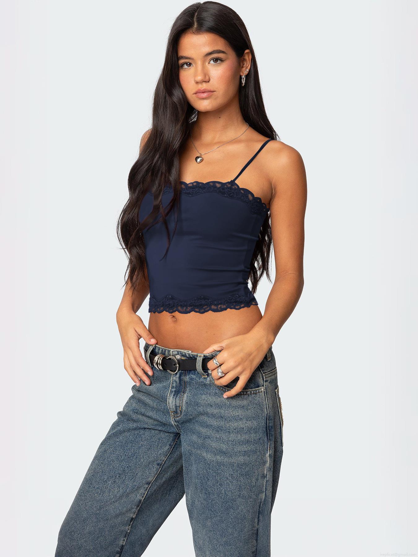 Women's Sexy Y2K Lace Trim Camisole Top Ribbed Knit Spaghetti Strap Slim Fit Cropped Tank Top Summer Sleeveless Streetwear Shirt