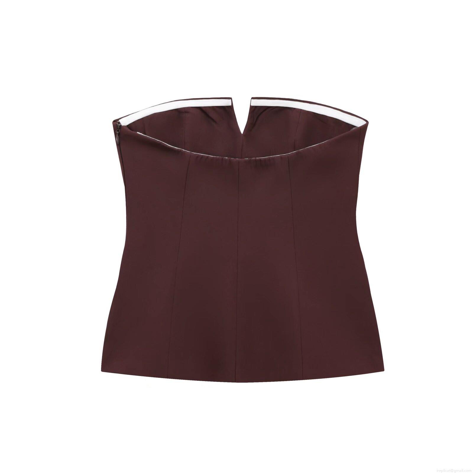 Women Sexy Strapless Tube Top V-Neck Slim Fit Bandeau Top With Decorative Pockets Side Zipper Polyester Suit Fabric Sleeveless Vest For Party Clubwear