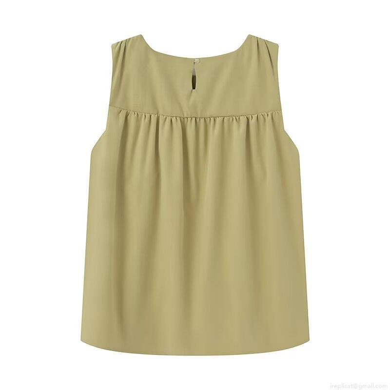 Women's Summer Sleeveless Tank Top Fashion Minimalist Solid Color Front V-Shaped Pleated Ruched Design Round Neck Back Button Casual Daily Vacation Polyester Spandex Blend Top