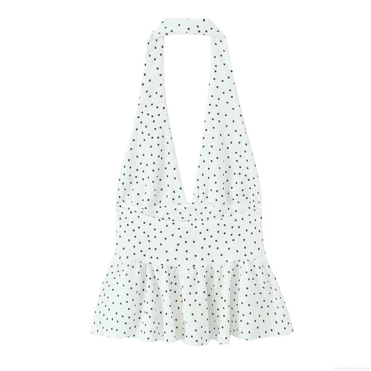 Women Sexy Halter Neck Backless Crop Top Tiered Ruffle Hem Crepe Fabric Sleeveless Polka Dot Solid Color Top For Summer Party Clubwear