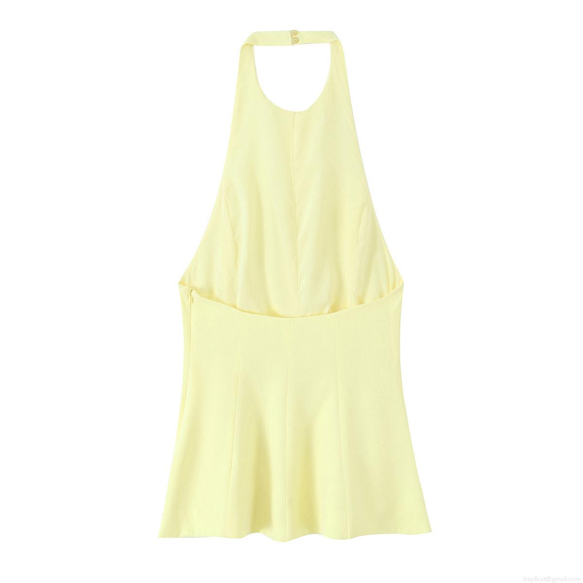 Women's Sexy Halter Neck Peplum Top Summer Sleeveless Polyester Spandex Solid Color Party Night Club Date Backless Fitted Blouse Camisole