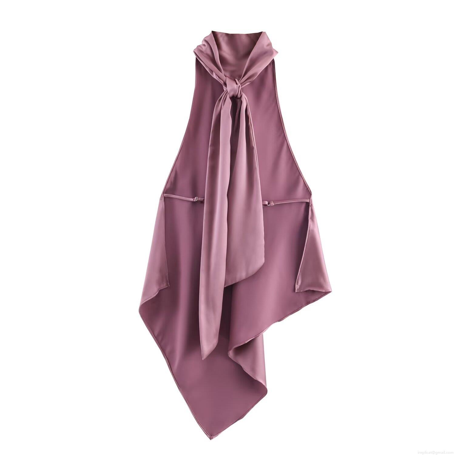 Women's Sexy Halter Neck Satin Top Backless Asymmetric Hem Sleeveless Blouse For Party Elegant Solid Color Silk-Like Camisole Socialite Style Clubwear