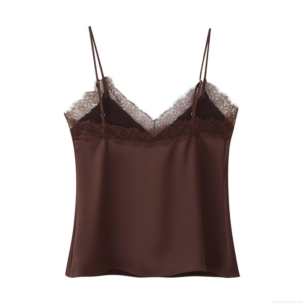 Women's Lace Trim Satin Cami Top Sexy V-Neck Spaghetti Strap Silk-Like Sleeveless Tank Top Elegant Chic Slim Fit Camisole