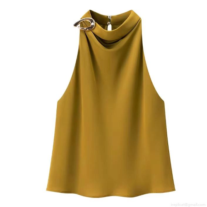 Women's Halter Neck Sleeveless Top Elegant Satin Blouse with Gold Metal Ring Accessory Solid Color Backless Keyhole Shirt for Party Clubwear Fashion